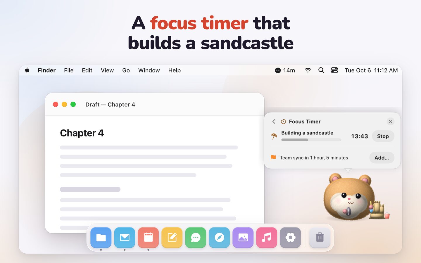 Biscuit the hamster builds a sandcastle on the Dock beside a focus timer panel with 13 minutes left.