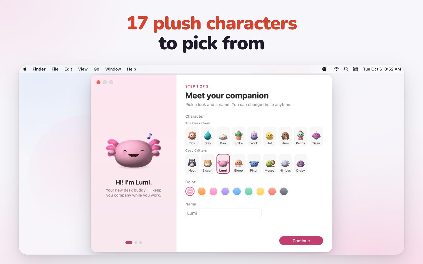 The setup assistant's first step, Meet your companion: Lumi the pink axolotl next to a picker with all 17 characters and their colors.